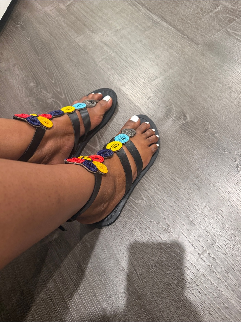 Colorful Beaded Black Leather Strap Sandals